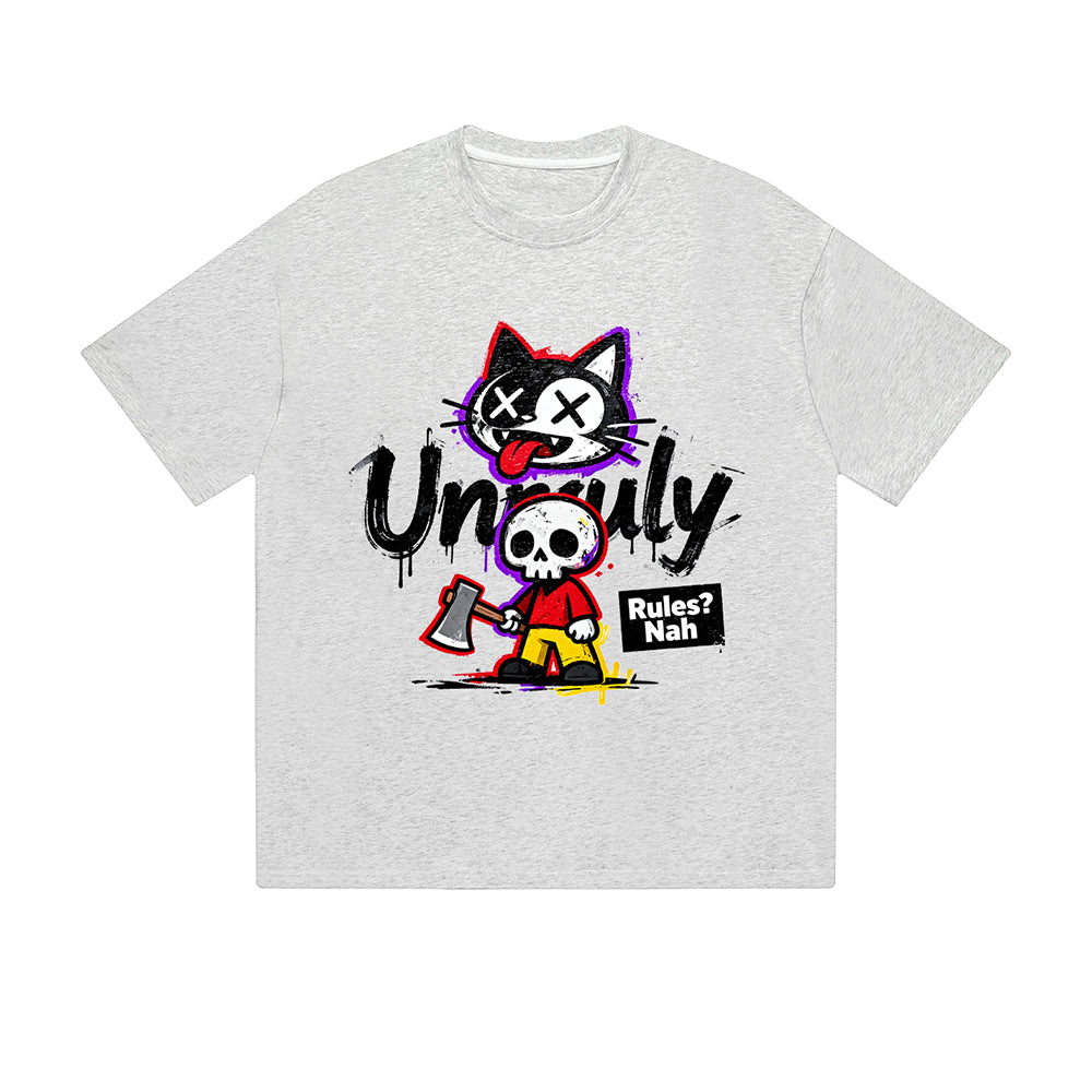 Solid Color T-Shirt Unruly Cat Skull Rules Nah Street Cartoon Graphic Print Casual Daily Streetwear Feel lives