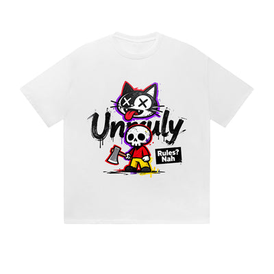 Solid Color T-Shirt Unruly Cat Skull Rules Nah Street Cartoon Graphic Print Casual Daily Streetwear Feel lives