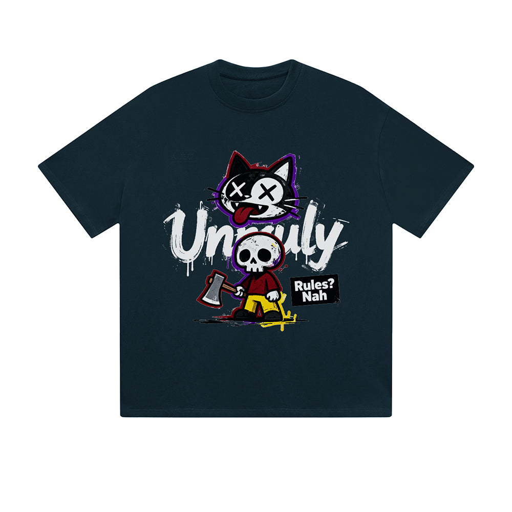 Solid Color T-Shirt Unruly Cat Skull Rules Nah Street Cartoon Graphic Print Casual Daily Streetwear Feel lives