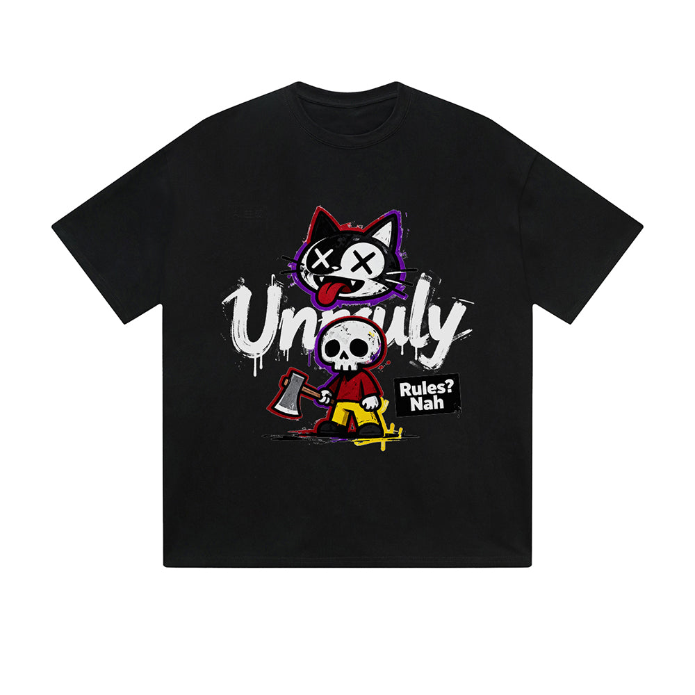Solid Color T-Shirt Unruly Cat Skull Rules Nah Street Cartoon Graphic Print Casual Daily Streetwear Feel lives