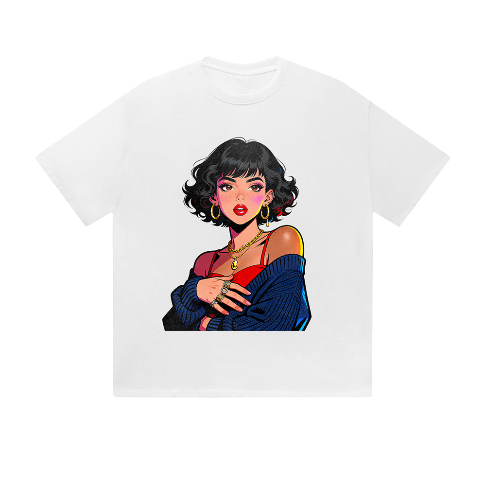 Solid Color T-Shirt Fashion Woman Portrait Jewelry Art Graphic Print Casual Daily Streetwear Feel lives