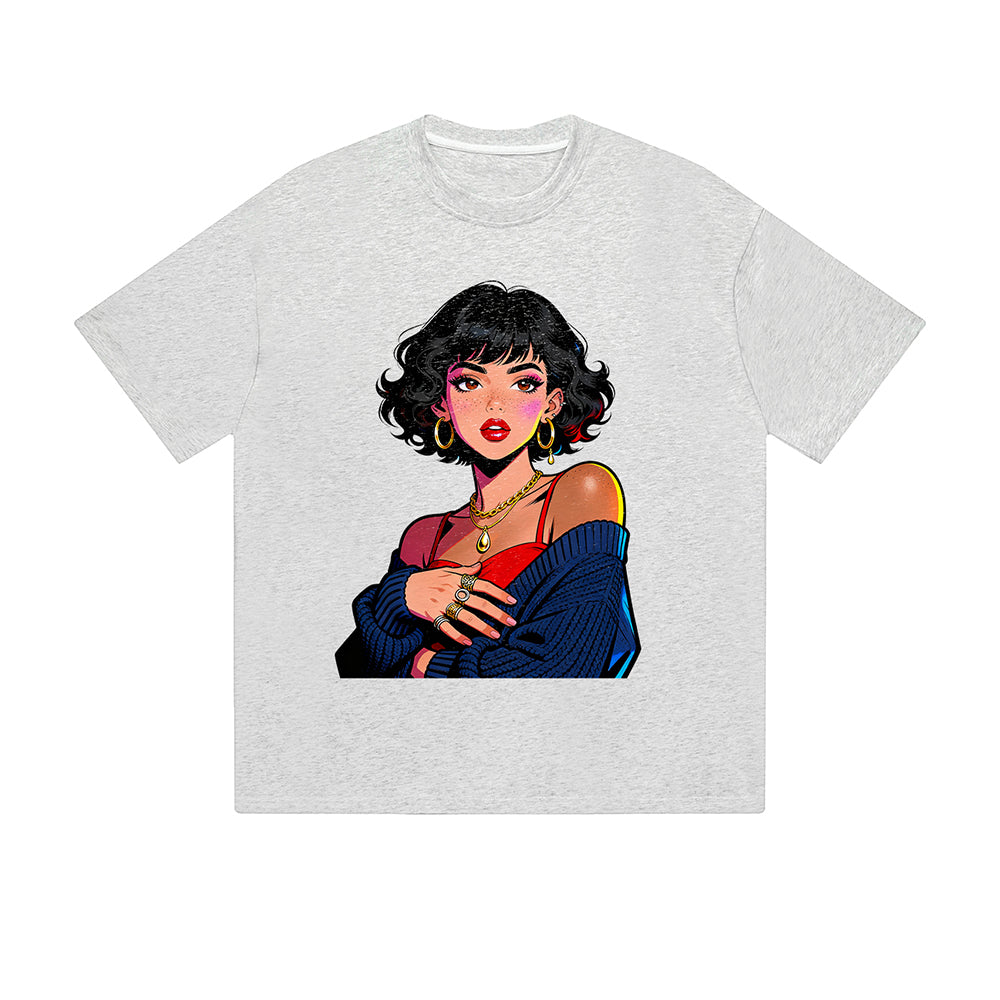 Solid Color T-Shirt Fashion Woman Portrait Jewelry Art Graphic Print Casual Daily Streetwear Feel lives