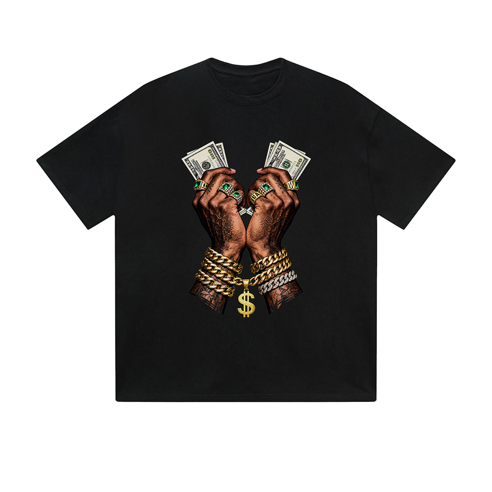 T-shirt uni, imprimé graphique hip-hop, mains d'argent, chaîne en or, dollar, style streetwear décontracté. Sentez-vous bien.