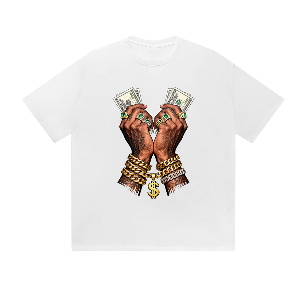 T-shirt uni, imprimé graphique hip-hop, mains d'argent, chaîne en or, dollar, style streetwear décontracté. Sentez-vous bien.