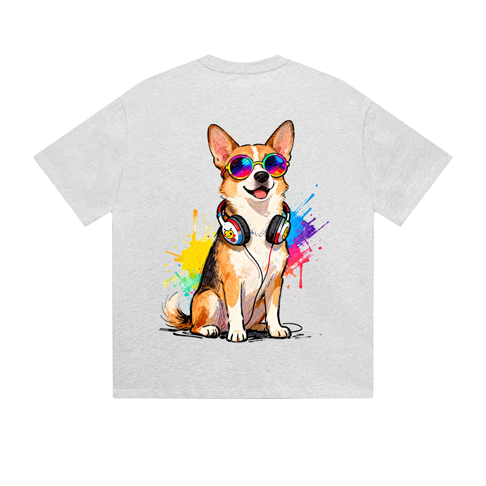 Solid Color T-Shirt Cool Corgi Dog Headphone Sunglasses Music Paint Splash Graphic Print Casual Daily Streetwear Feel lives