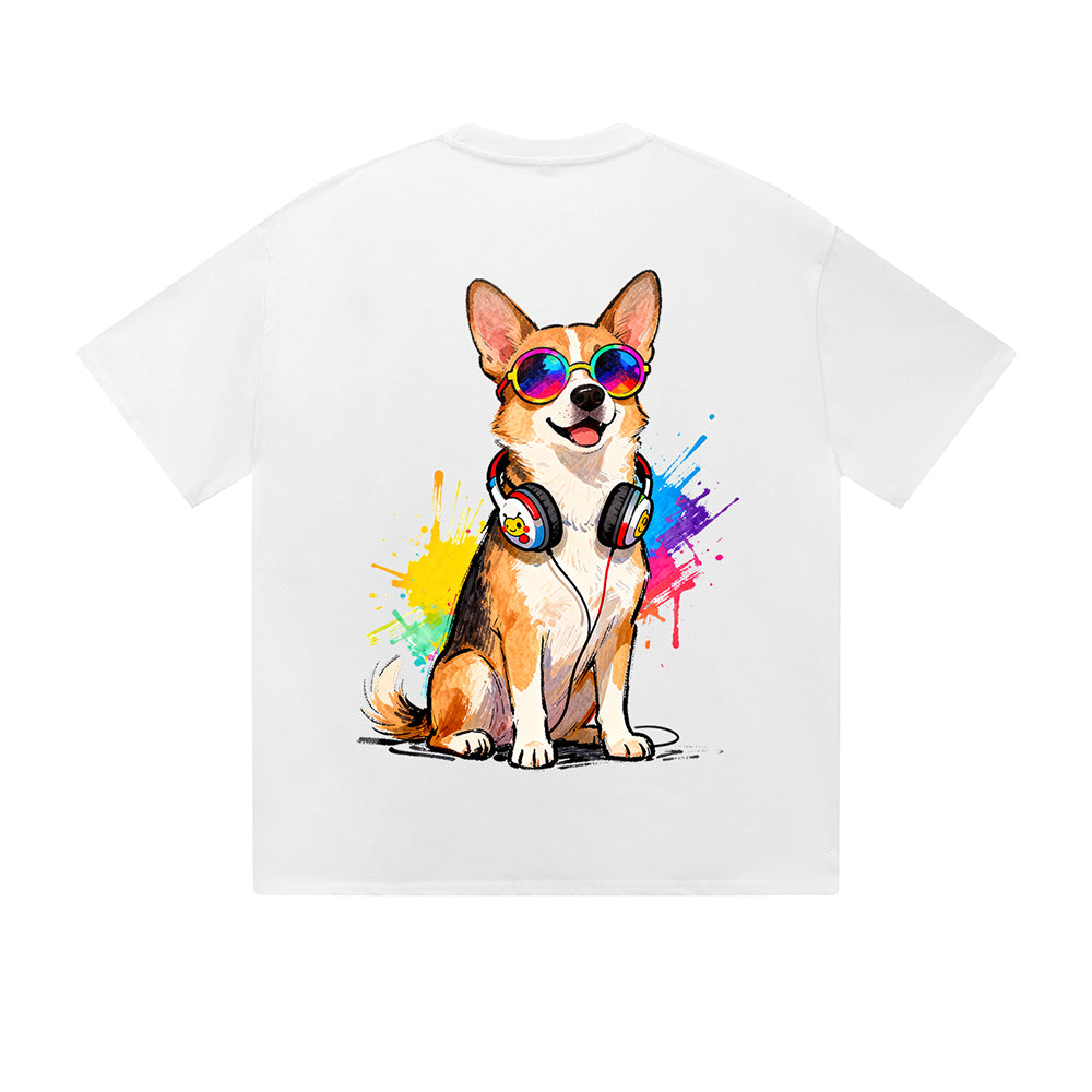 Solid Color T-Shirt Cool Corgi Dog Headphone Sunglasses Music Paint Splash Graphic Print Casual Daily Streetwear Feel lives