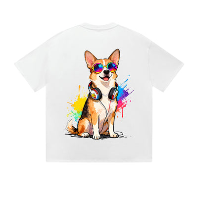 Solid Color T-Shirt Cool Corgi Dog Headphone Sunglasses Music Paint Splash Graphic Print Casual Daily Streetwear Feel lives
