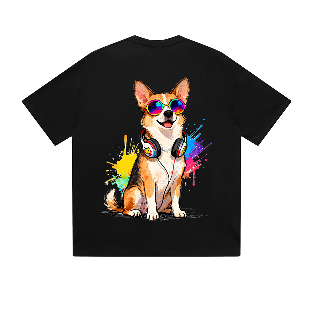 Solid Color T-Shirt Cool Corgi Dog Headphone Sunglasses Music Paint Splash Graphic Print Casual Daily Streetwear Feel lives