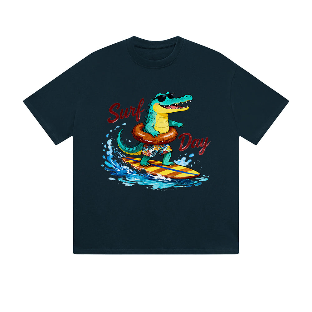 Solid Color T-Shirt Surf Day Crocodile Surfing Beach Fun Cartoon Graphic Print Casual Daily Streetwear Feel lives