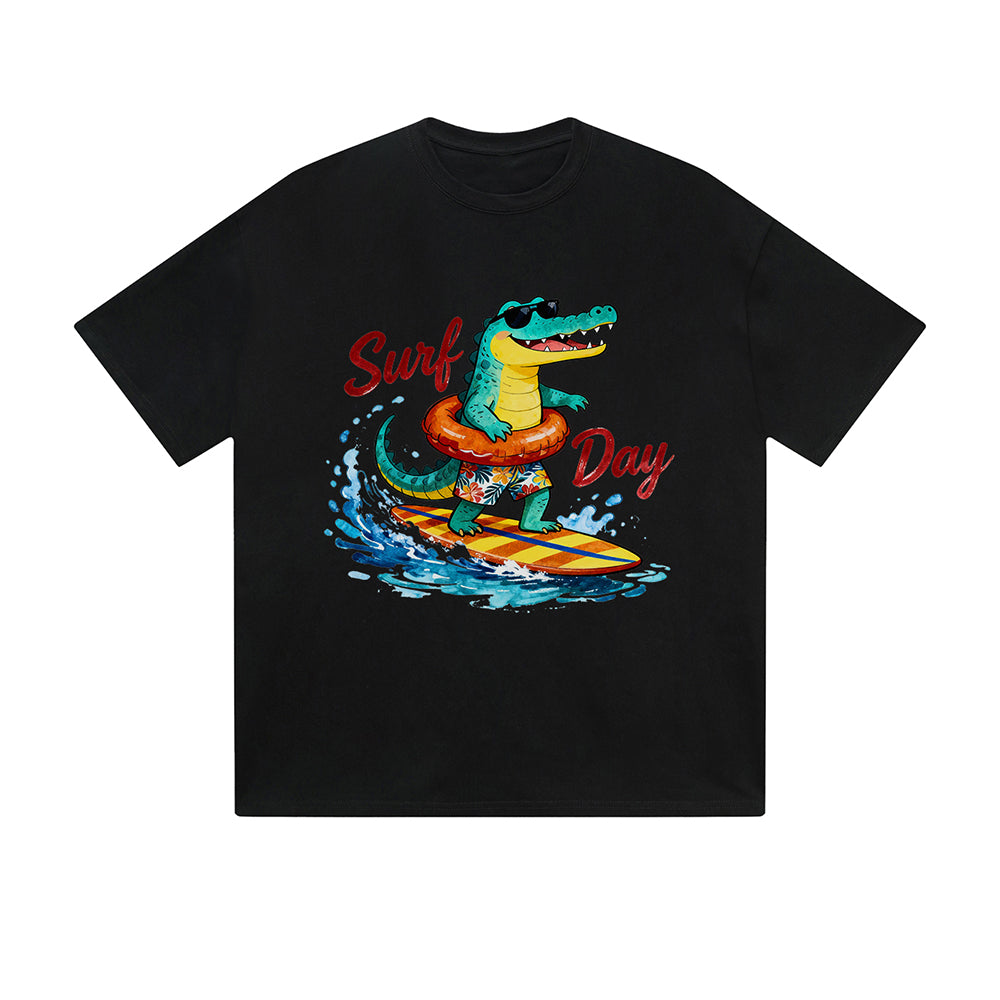 Solid Color T-Shirt Surf Day Crocodile Surfing Beach Fun Cartoon Graphic Print Casual Daily Streetwear Feel lives