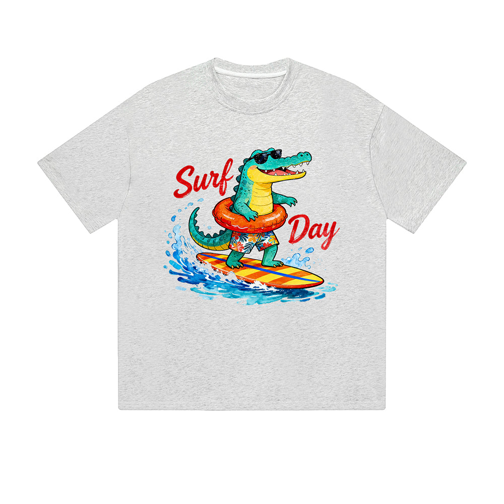 Solid Color T-Shirt Surf Day Crocodile Surfing Beach Fun Cartoon Graphic Print Casual Daily Streetwear Feel lives