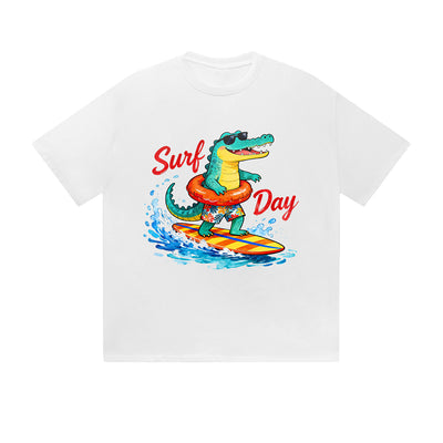 Solid Color T-Shirt Surf Day Crocodile Surfing Beach Fun Cartoon Graphic Print Casual Daily Streetwear Feel lives