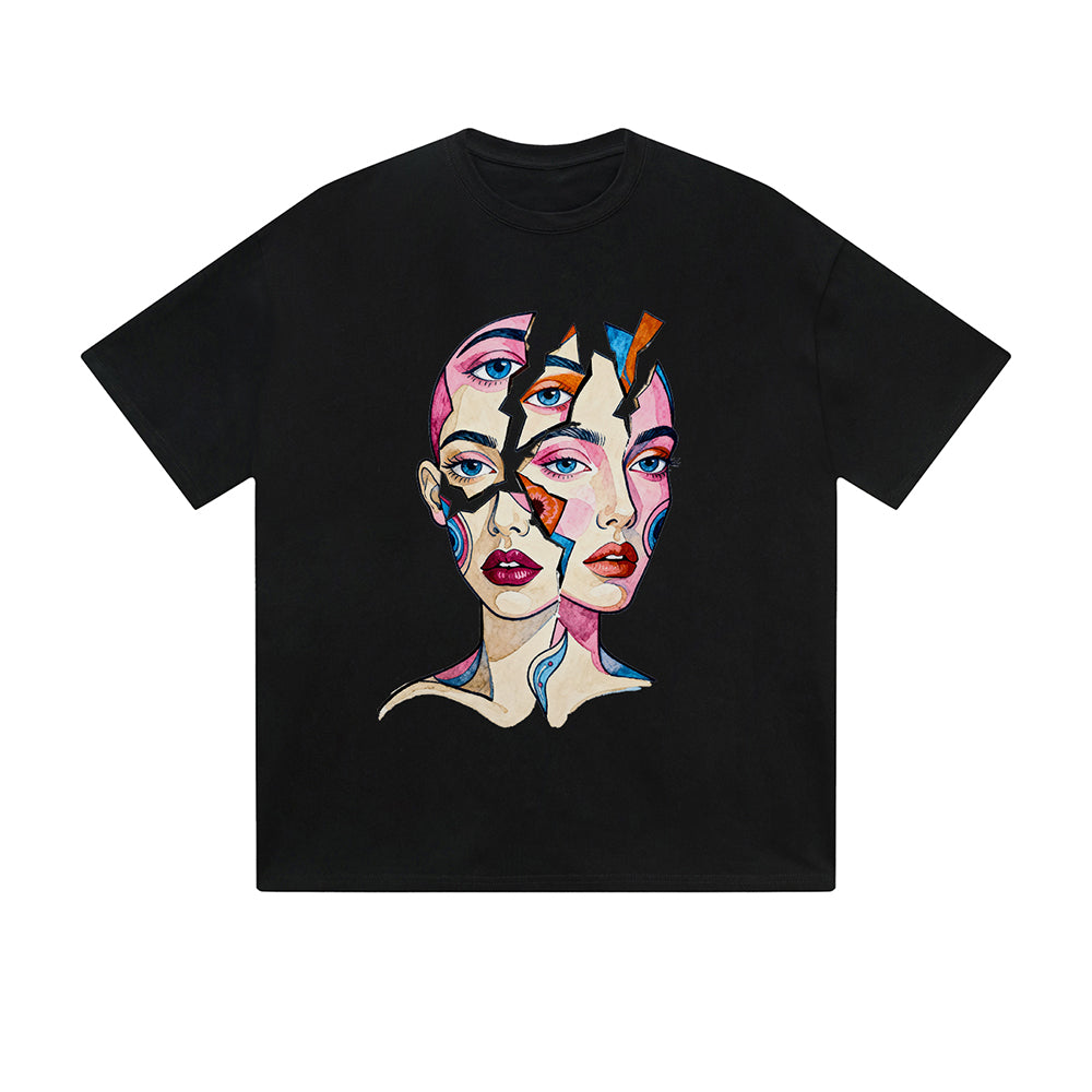 Solid Color T-Shirt Abstract Face Art Colorful Portrait Graphic Print Casual Daily Streetwear Feel lives