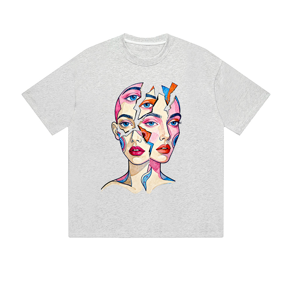 Solid Color T-Shirt Abstract Face Art Colorful Portrait Graphic Print Casual Daily Streetwear Feel lives