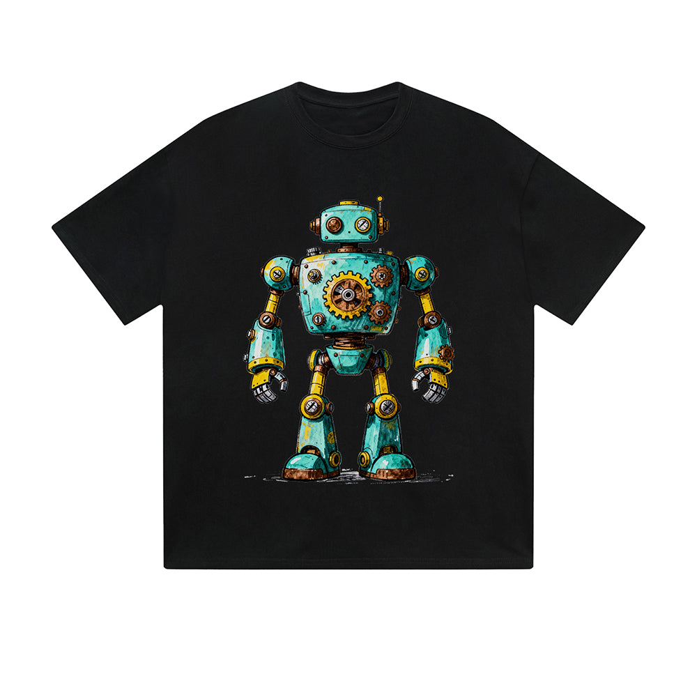 Einfarbiges T-Shirt Retro-Roboter Steampunk Mechanisch Cartoon Grafikdruck Lässige Alltagsmode Streetwear Feel lives