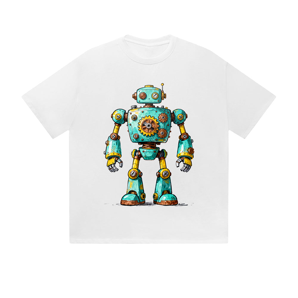 Einfarbiges T-Shirt Retro-Roboter Steampunk Mechanisch Cartoon Grafikdruck Lässige Alltagsmode Streetwear Feel lives