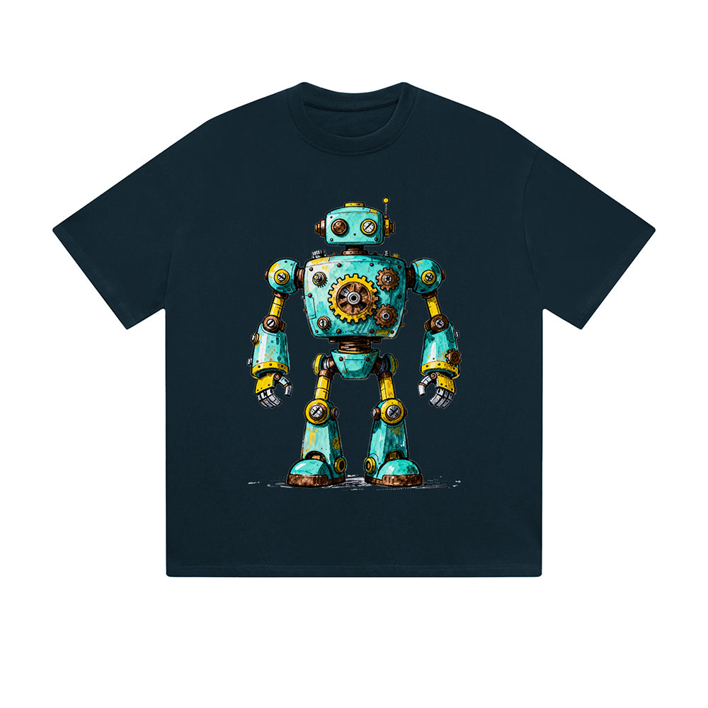 Einfarbiges T-Shirt Retro-Roboter Steampunk Mechanisch Cartoon Grafikdruck Lässige Alltagsmode Streetwear Feel lives
