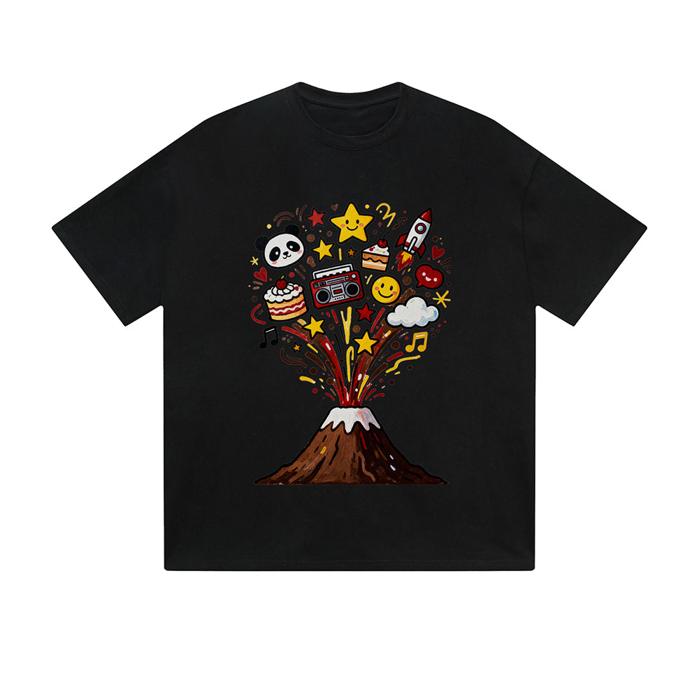 Solid Color T-Shirt Volcano Eruption Fun Icons Panda Rocket Cake Graphic Print Casual Daily Streetwear Feel lives