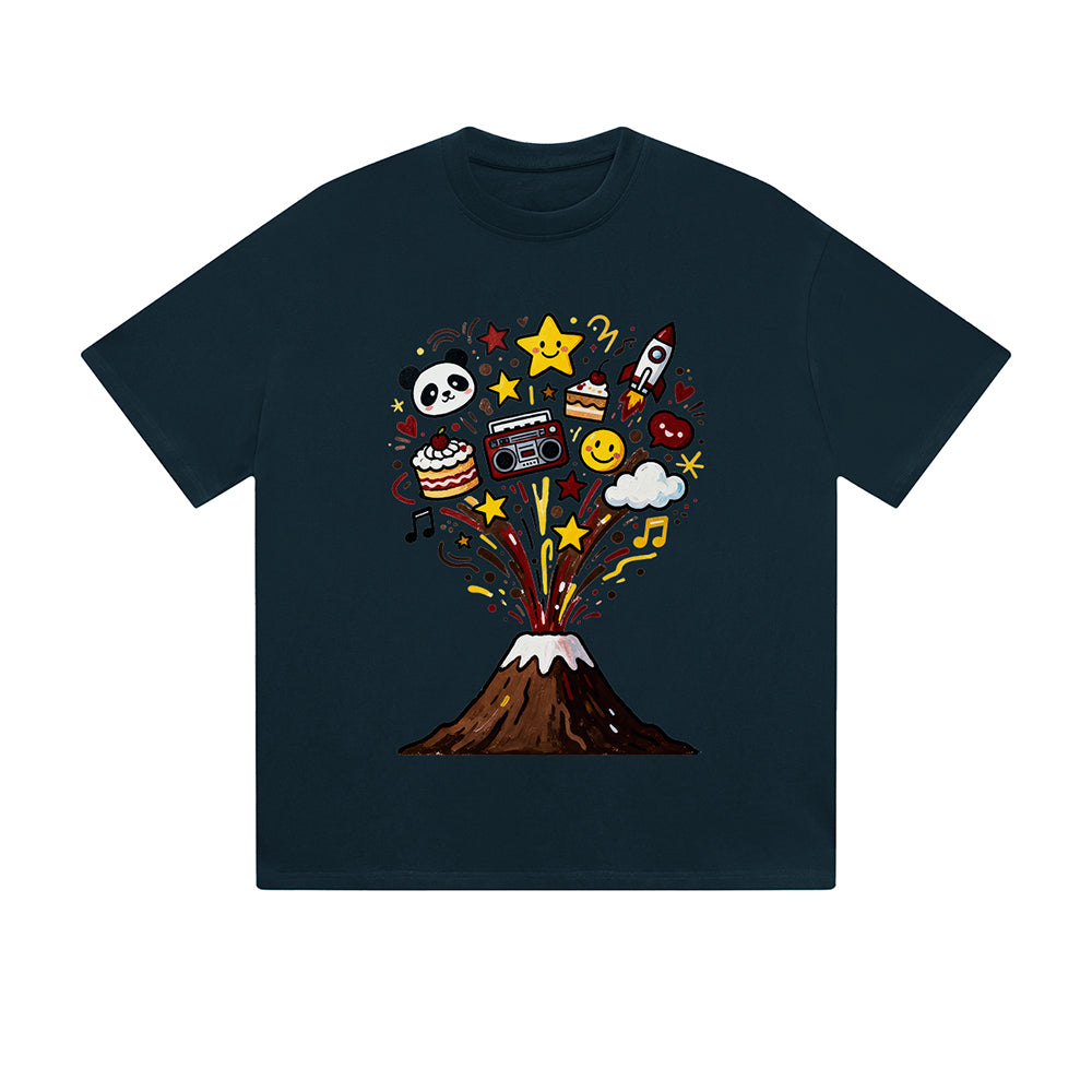 Solid Color T-Shirt Volcano Eruption Fun Icons Panda Rocket Cake Graphic Print Casual Daily Streetwear Feel lives