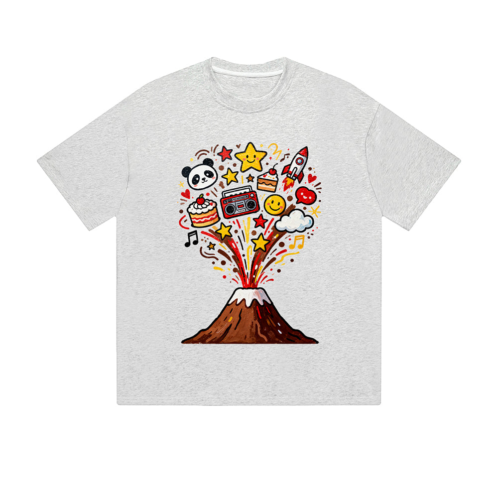 Solid Color T-Shirt Volcano Eruption Fun Icons Panda Rocket Cake Graphic Print Casual Daily Streetwear Feel lives