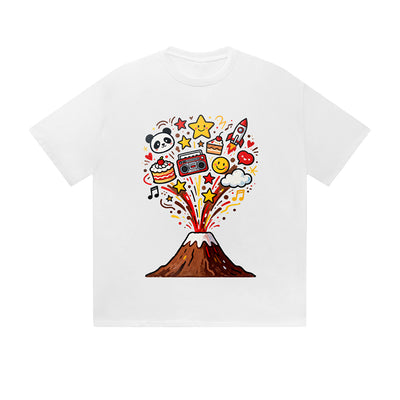 Solid Color T-Shirt Volcano Eruption Fun Icons Panda Rocket Cake Graphic Print Casual Daily Streetwear Feel lives