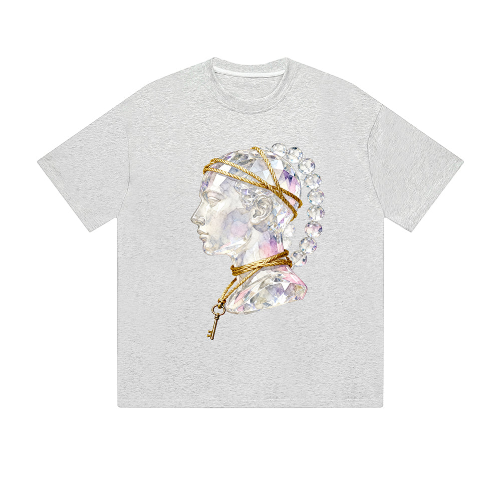 Solid Color T-Shirt Elegant Woman Portrait Gold Chain Key Art Graphic Print Casual Daily Streetwear Feel lives