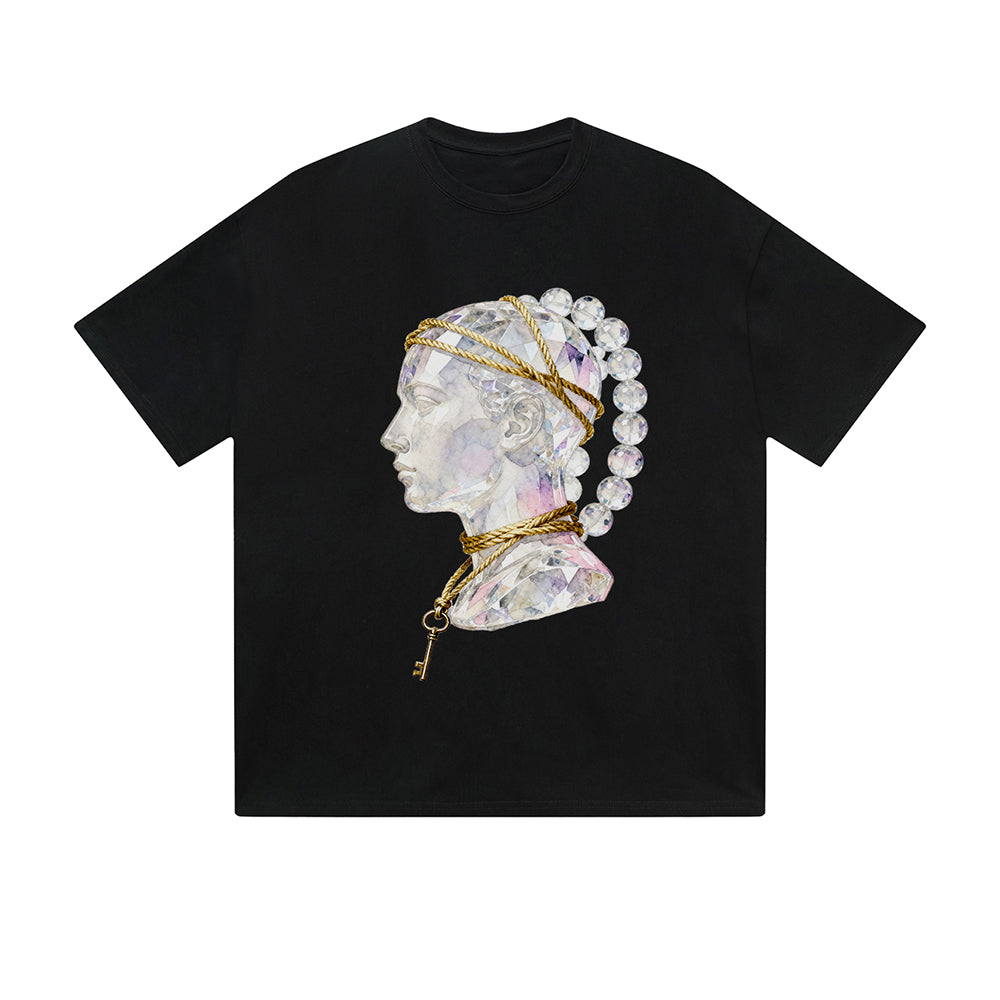 Solid Color T-Shirt Elegant Woman Portrait Gold Chain Key Art Graphic Print Casual Daily Streetwear Feel lives
