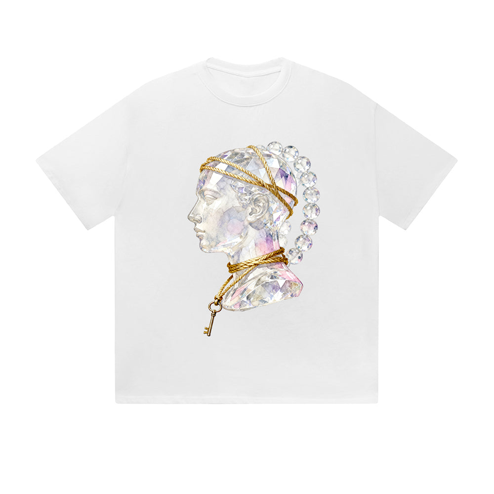 Solid Color T-Shirt Elegant Woman Portrait Gold Chain Key Art Graphic Print Casual Daily Streetwear Feel lives