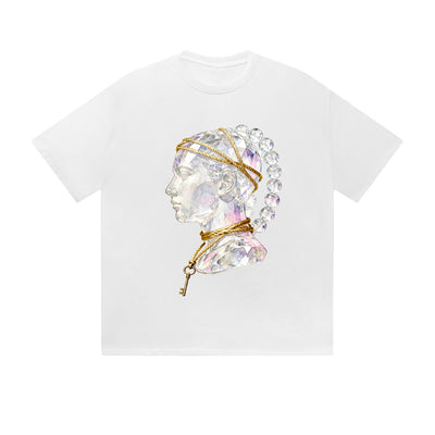 Solid Color T-Shirt Elegant Woman Portrait Gold Chain Key Art Graphic Print Casual Daily Streetwear Feel lives