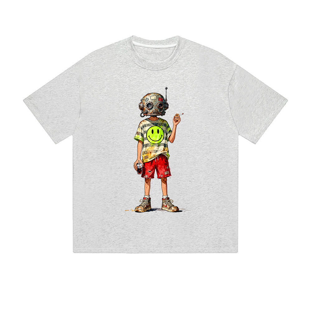 Solid Color T-Shirt Smiley Face Boy Street Art Cartoon Graphic Print Casual Daily Streetwear Feel lives
