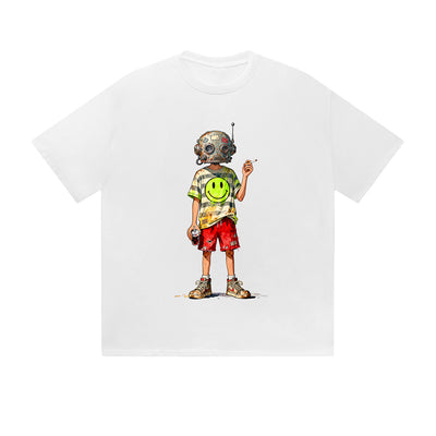 Solid Color T-Shirt Smiley Face Boy Street Art Cartoon Graphic Print Casual Daily Streetwear Feel lives